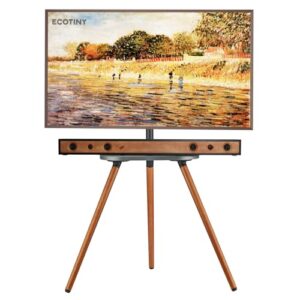 Supporto TV Cavalletto Treppiede per Schermi da 40" a 65" – Altezza Regolabile e Rotazione Laterale, Supporto da Pavimento con Mensola in Legno, VESA 400x400 mm – Design Minimalista in Noce Nero